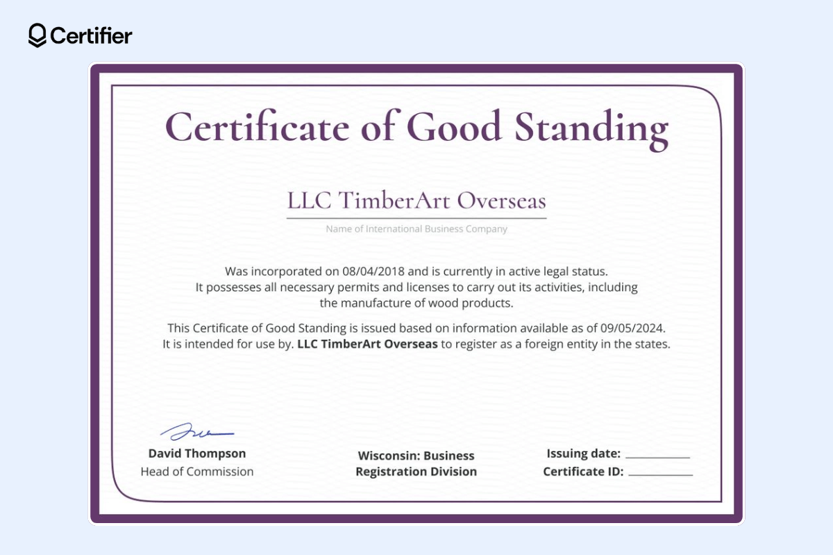 The certificate of LLCs with a large purple title, highlighted name of the organization, a thick border, delicate and centered text in black, plenty of space for additional data, and a delicate background texture. The certificate of LLCs with a large purple title, highlighted name of the organization, a thick border, delicate and centered text in black, plenty of space for additional data, and a delicate background texture.