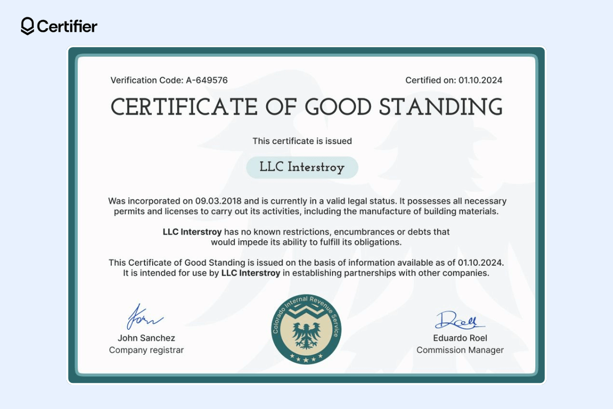The certificate of good standing template with a thick green frame, white background with a light gray shadow of an eagle, verification code, date of issuance. The certificate of good standing template with a thick green frame, white background with a light gray shadow of an eagle, verification code, date of issuance.
