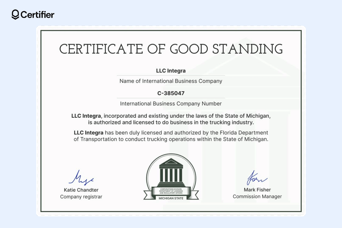 The certificate of status with double frame, a white background with delicate gray elements, the title is written in large font, the text is centered, at the bottom is the signature of the company registrar. The certificate of status with double frame, a white background with delicate gray elements, the title is written in large font, the text is centered, at the bottom is the signature of the company registrar.