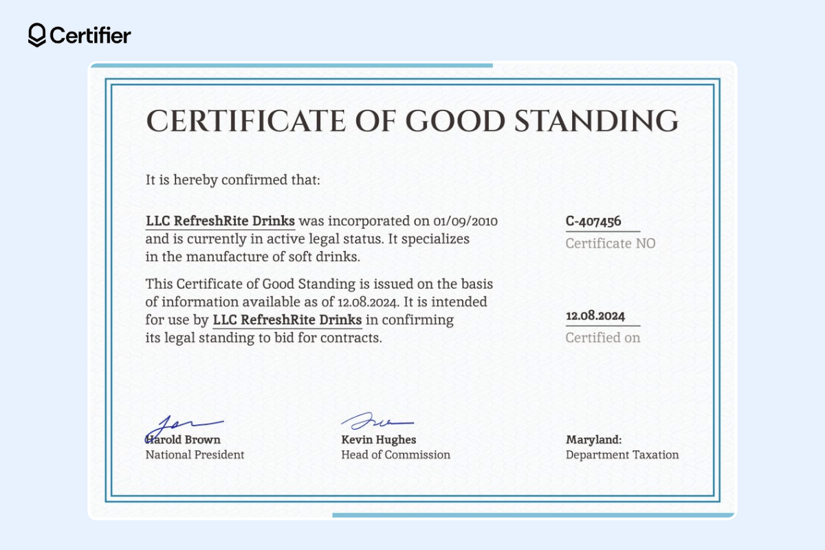 The modern certificate of good standing with a double frame, two long slim rectangles outside of the frame, the black text. The modern certificate of good standing with a double frame, two long slim rectangles outside of the frame, the black text.
