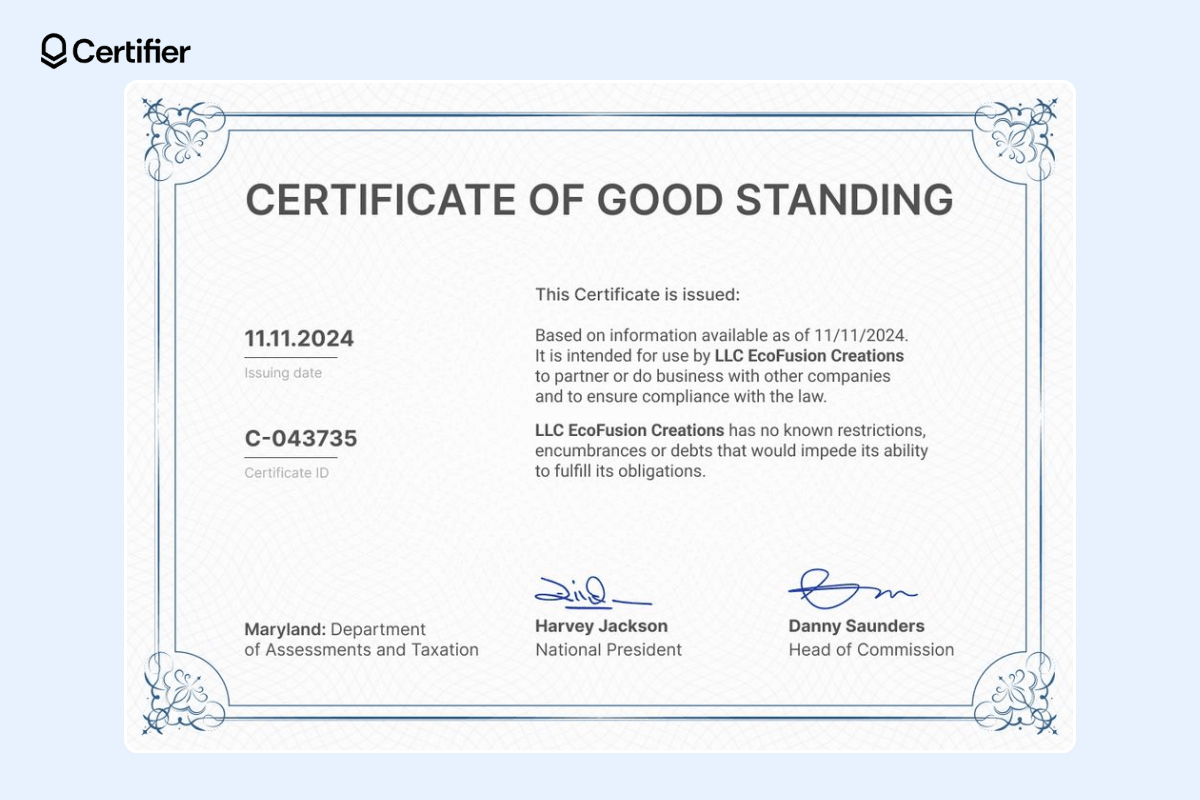 The certificate of good standing with a white background with a delicate gray texture, a double frame in blue color made in an old-fashioned style, decorative elements in the corners. The certificate of good standing with a white background with a delicate gray texture, a double frame in blue color made in an old-fashioned style, decorative elements in the corners.