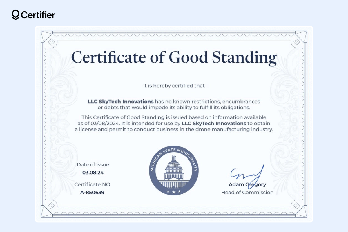 An ornamental certificate of good standing with a richly decorated frame and background, a large logo, a handwritten signature, an issuing date and a certificate number. An ornamental certificate of good standing with a richly decorated frame and background, a large logo, a handwritten signature, an issuing date and a certificate number.