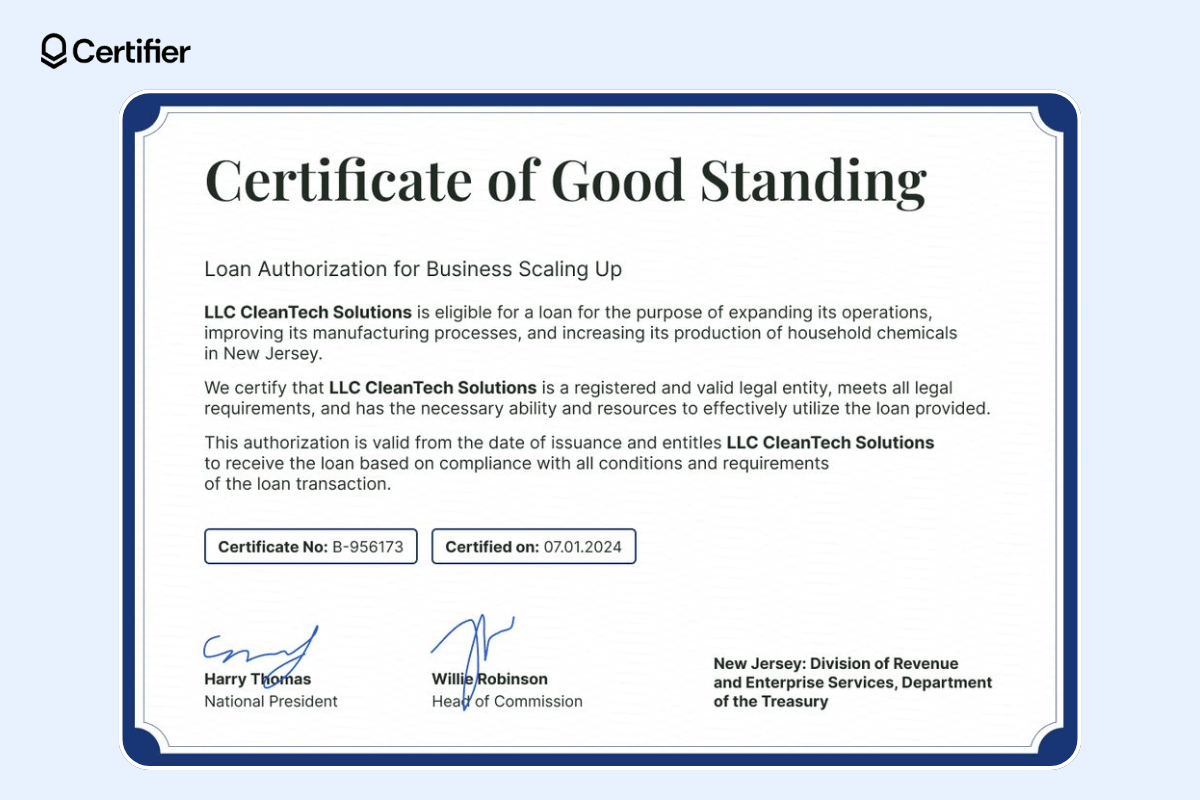 The certificate of loan authorization with a contrasting dark blue border, large title at the top, text aligned to the left, certificate number and issuing date, signatures. The certificate of loan authorization with a contrasting dark blue border, large title at the top, text aligned to the left, certificate number and issuing date, signatures.