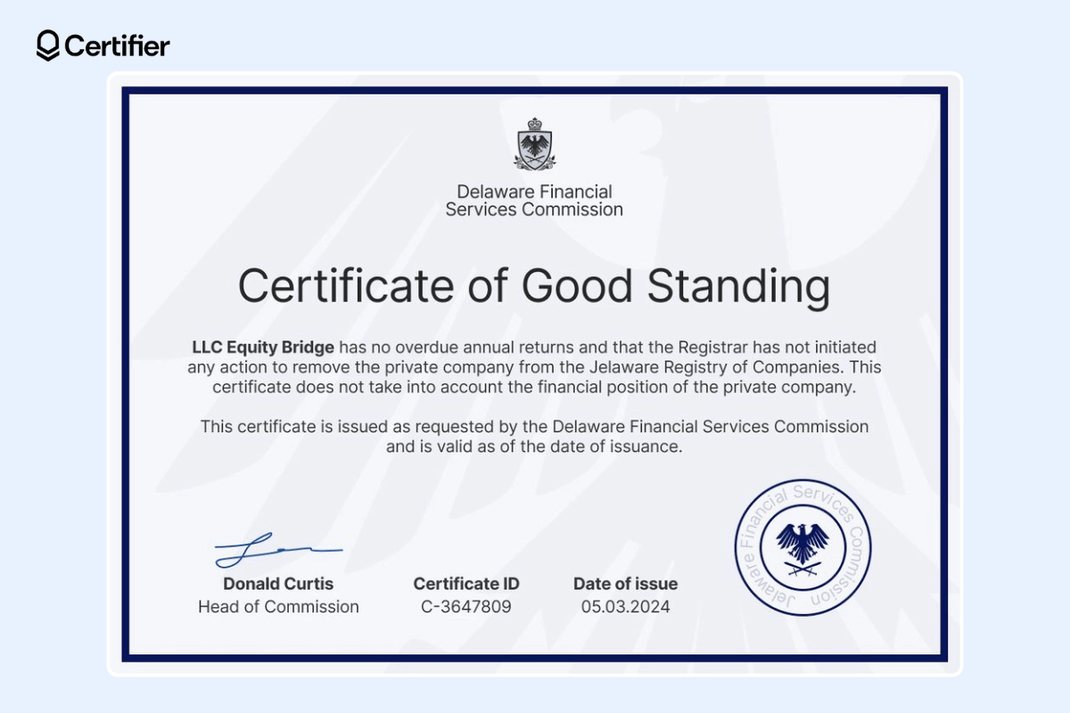 A simple certificate of good standing in blue and gray colors, a rectangular frame, an eagle symbol in the background, a black and centered font, clear text, a large logo, a stamp, one handwritten signature, the certificate ID, and a date. A simple certificate of good standing in blue and gray colors, a rectangular frame, an eagle symbol in the background, a black and centered font, clear text, a large logo, a stamp, one handwritten signature, the certificate ID, and a date.