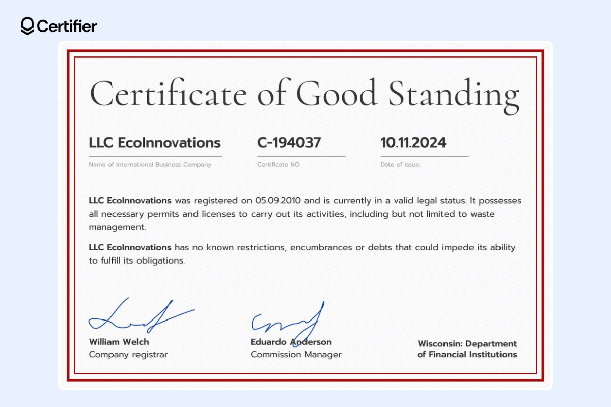 A subtle certificate of good standing with a double red frame, a large title, text aligned to the left, two large signatures, the name of the department, and prominent information about the recipient company, certificate ID, and date. A subtle certificate of good standing with a double red frame, a large title, text aligned to the left, two large signatures, the name of the department, and prominent information about the recipient company, certificate ID, and date.