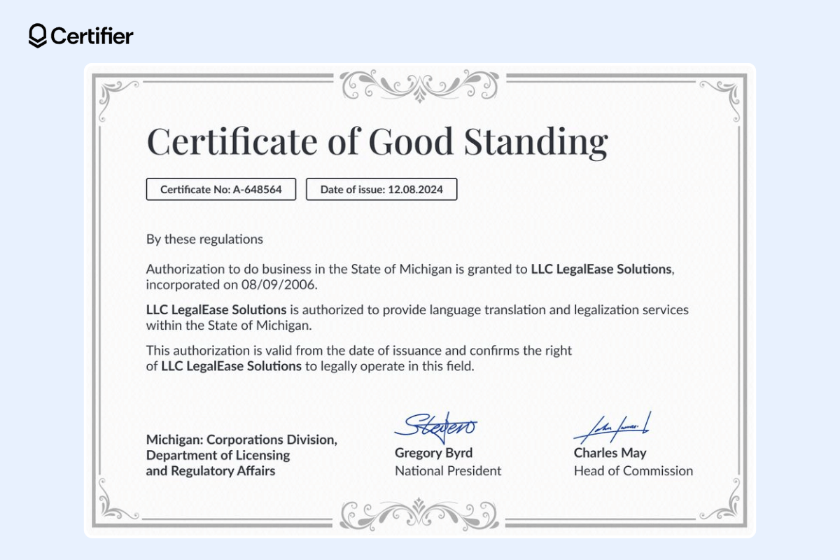 traditional state-issued document with decorative framed elements, large title, left-aligned text, signatures at the bottom, the bold text which highlights essential information, certificate number and certificate date. traditional state-issued document with decorative framed elements, large title, left-aligned text, signatures at the bottom, the bold text which highlights essential information, certificate number and certificate date.