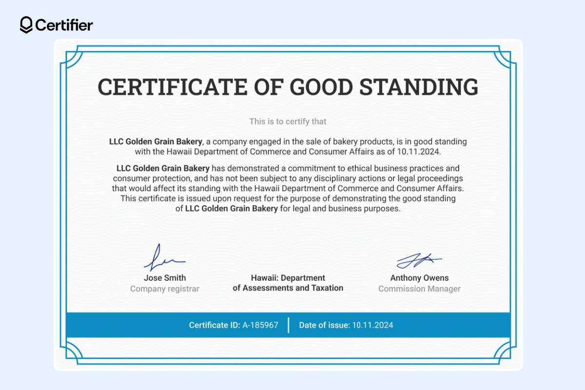 The certificate of good standing template with bright blue parts, like frames, a horizontal rectangle at the bottom of the document, white background, black font. The certificate of good standing template with bright blue parts, like frames, a horizontal rectangle at the bottom of the document, white background, black font.