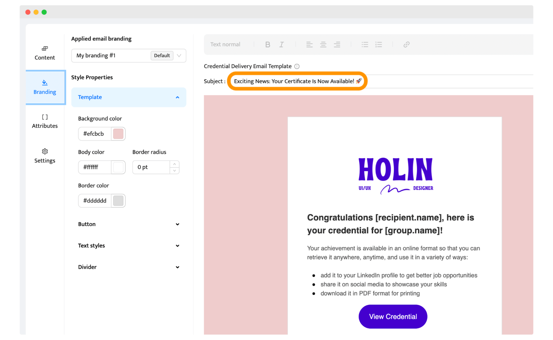 The example of the email subject line for sending certificates.